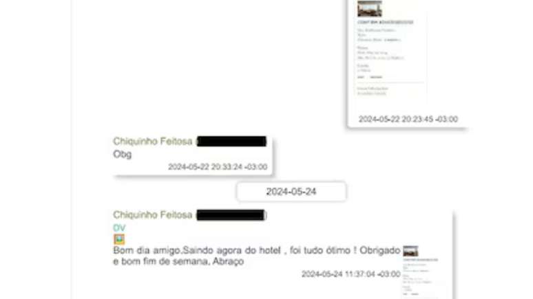 Diálogo em que o banqueiro Daniel Vorcaro acerta com o ex-senador Chiquinho Feitosa, à época cunhado do ministro do STF Gilmar Mendes, hospedagem em hotel em São Paulo