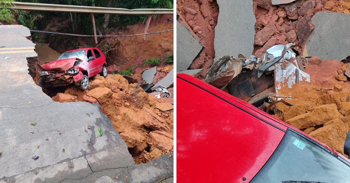 Cratera abre na BR-474 e engole dois carros, mortes sÃ£o confirmadas e bombeiros trabalham durante toda a madrugada